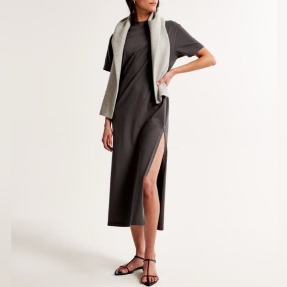 Abercrombie & Fitch T-Shirt Maxi Dress Size Large Tall Grey Side Slit Minimalist